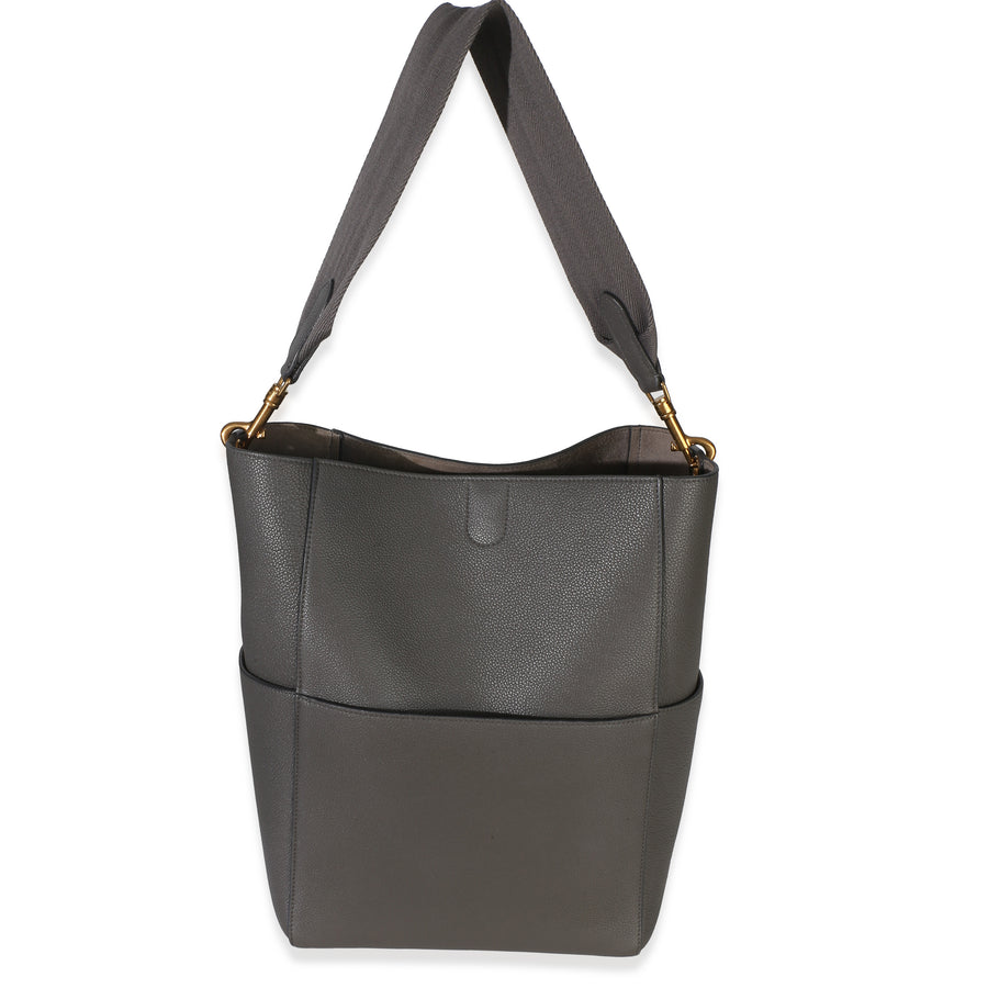 Celine Grey Soft Grained Calfskin Medium Sangle Bucket Bag Gray Leather Handbag
