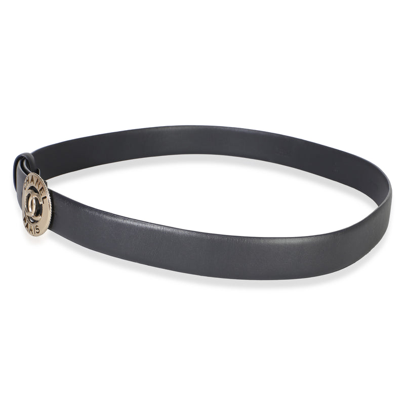 Chanel Navy Lambskin Champagne Gold Cc Paris Logo Belt 95-38 Black Leather