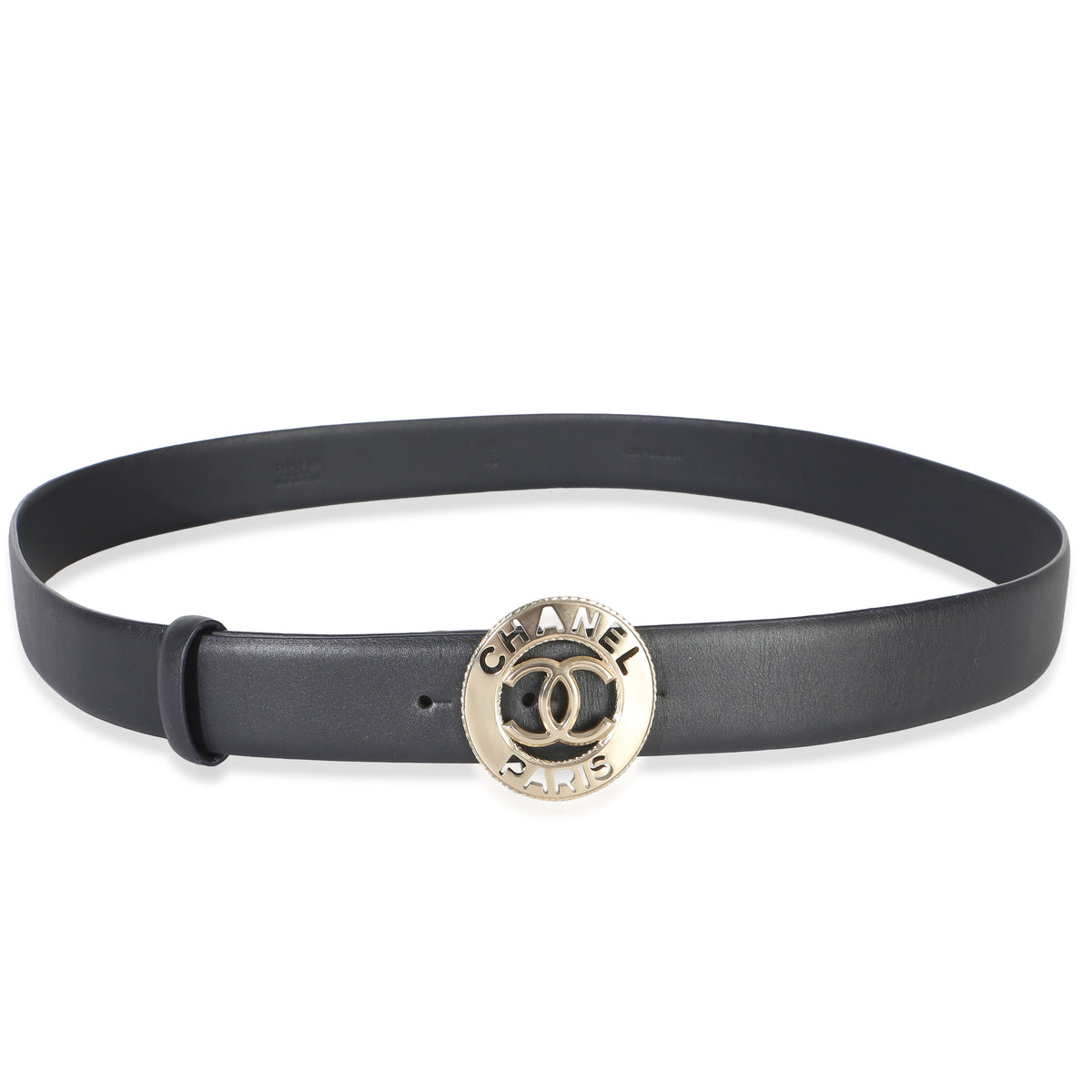 Chanel Navy Lambskin Champagne Gold Cc Paris Logo Belt 95-38 Black Leather