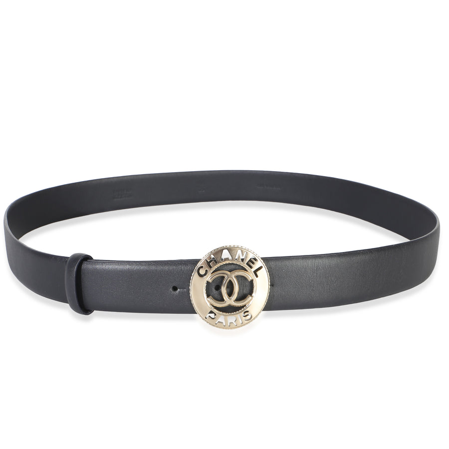 Chanel Navy Lambskin Champagne Gold Cc Paris Logo Belt 95-38 Black Leather