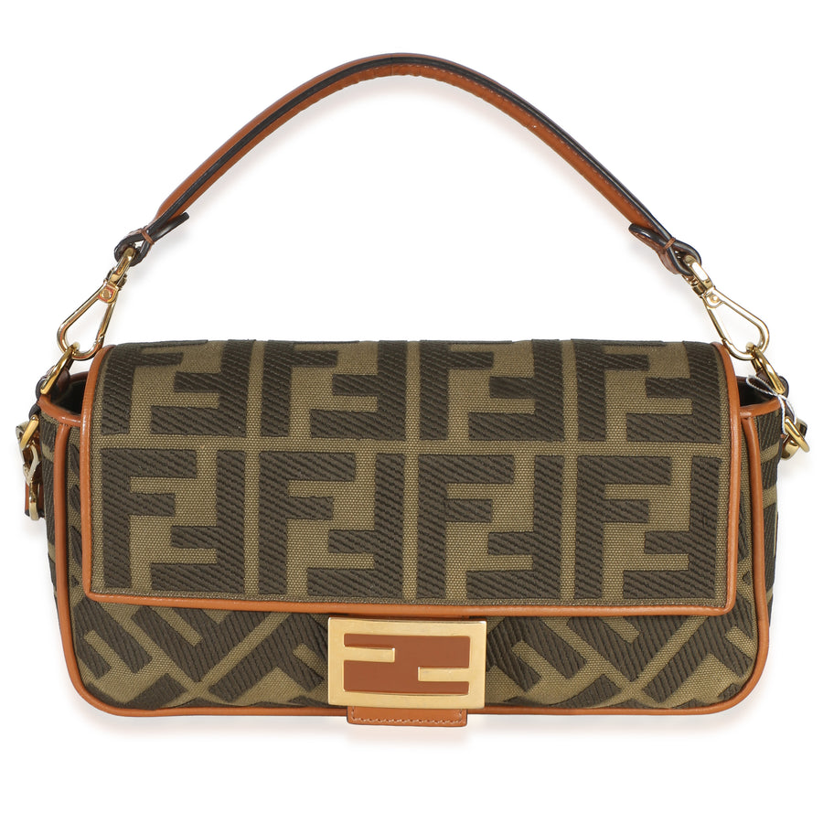 Fendi Green Tan Ff Embroidery Canvas Medium Baguette Bag Brown, Handbag
