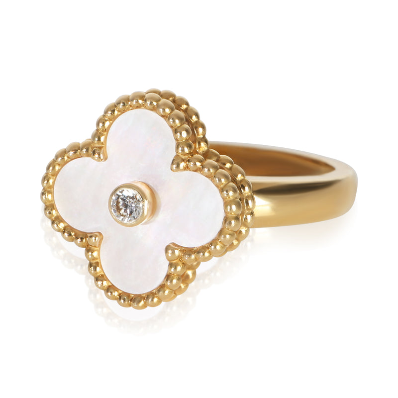 Van Cleef & Arpels Yellow Gold Mother Of Pearl And Diamond Vintage Alhambra Ring 18k