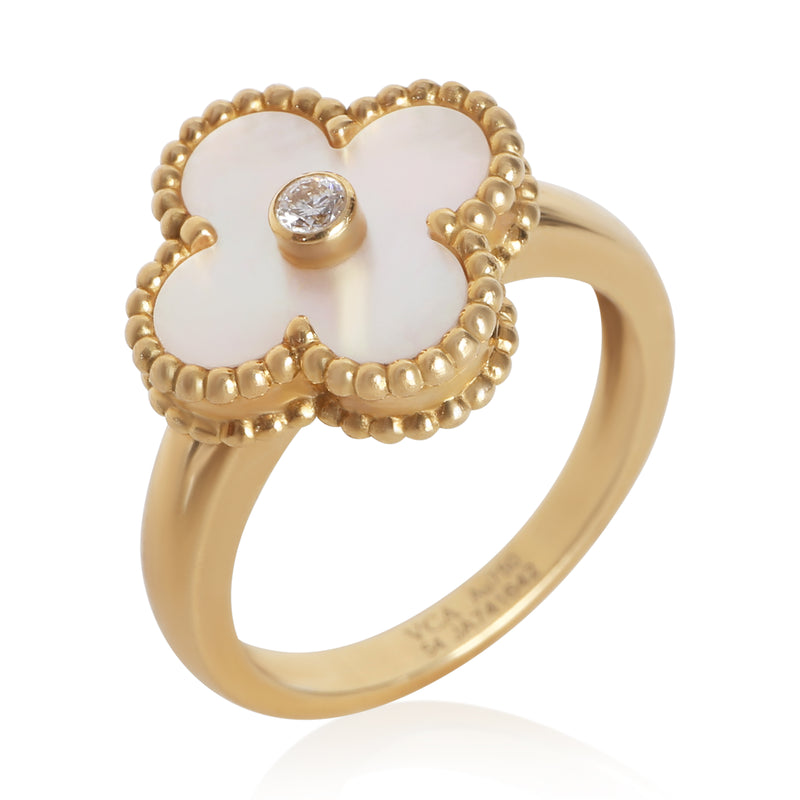 Van Cleef & Arpels Yellow Gold Mother Of Pearl And Diamond Vintage Alhambra Ring 18k