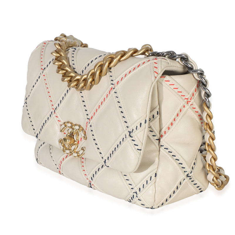 Chanel Beige Multicolor Quilted Lambskin Mixed Fibers Medium 19 Flap Bag Leather