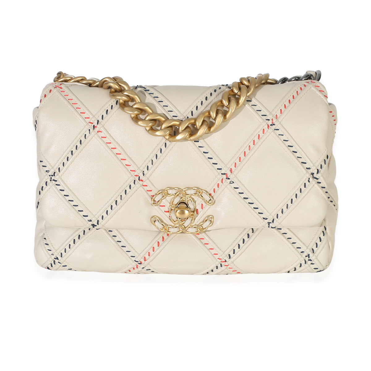 Chanel Beige Multicolor Quilted Lambskin Mixed Fibers Medium 19 Flap Bag Leather