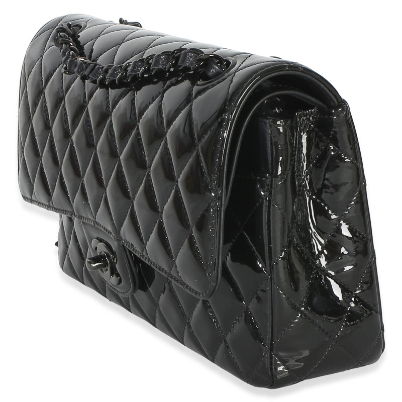 Chanel So Black Quilted Patent Medium Classic Double Flap Bag Leather