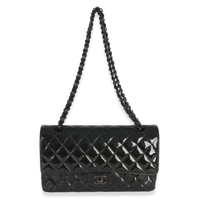 Chanel So Black Quilted Patent Medium Classic Double Flap Bag Leather