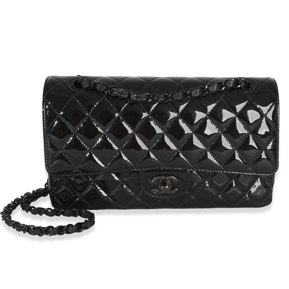 Chanel So Black Quilted Patent Medium Classic Double Flap Bag Leather