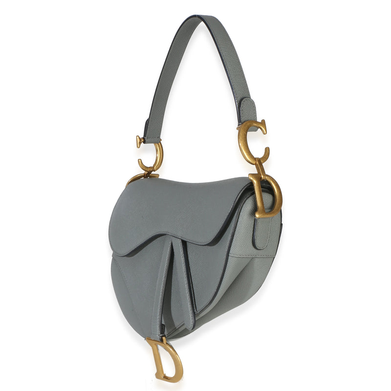 Christian Dior Blue Grey Grained Calfskin Medium Saddle Bag Blue; Gray Leather