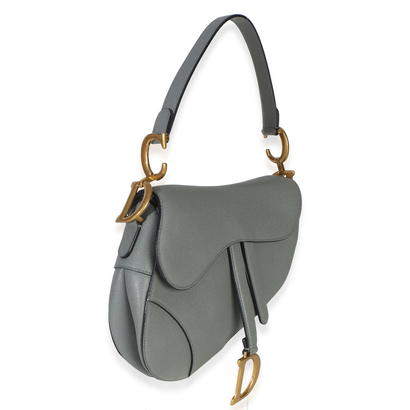 Christian Dior Blue Grey Grained Calfskin Medium Saddle Bag Blue; Gray Leather