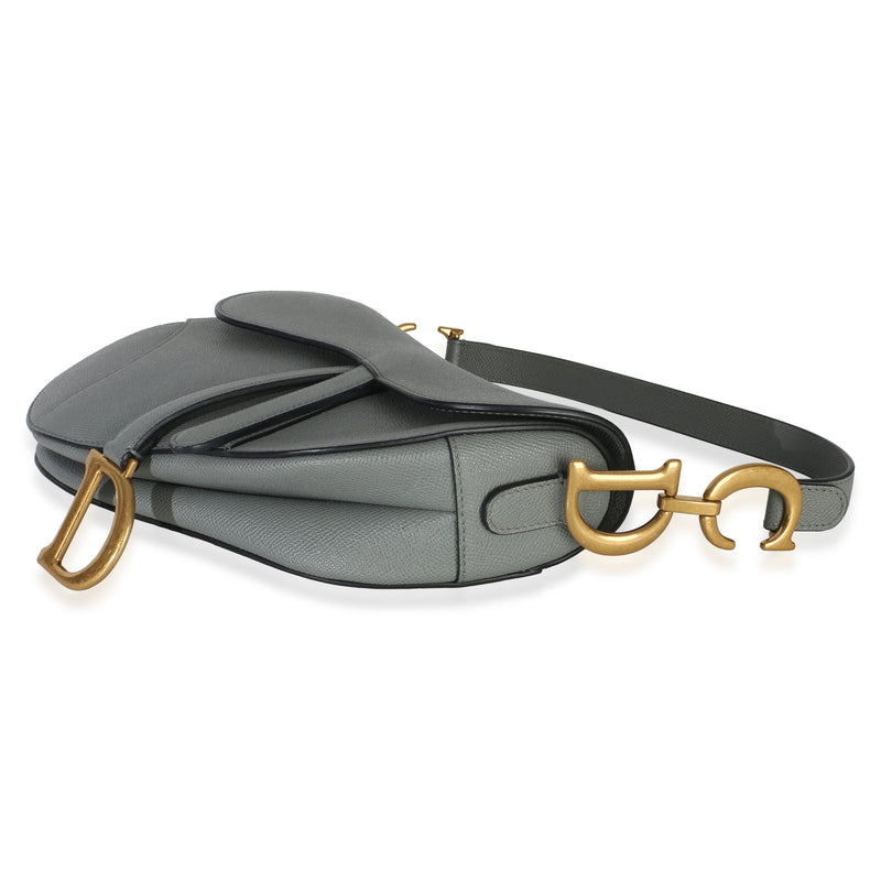 Christian Dior Blue Grey Grained Calfskin Medium Saddle Bag Blue; Gray Leather