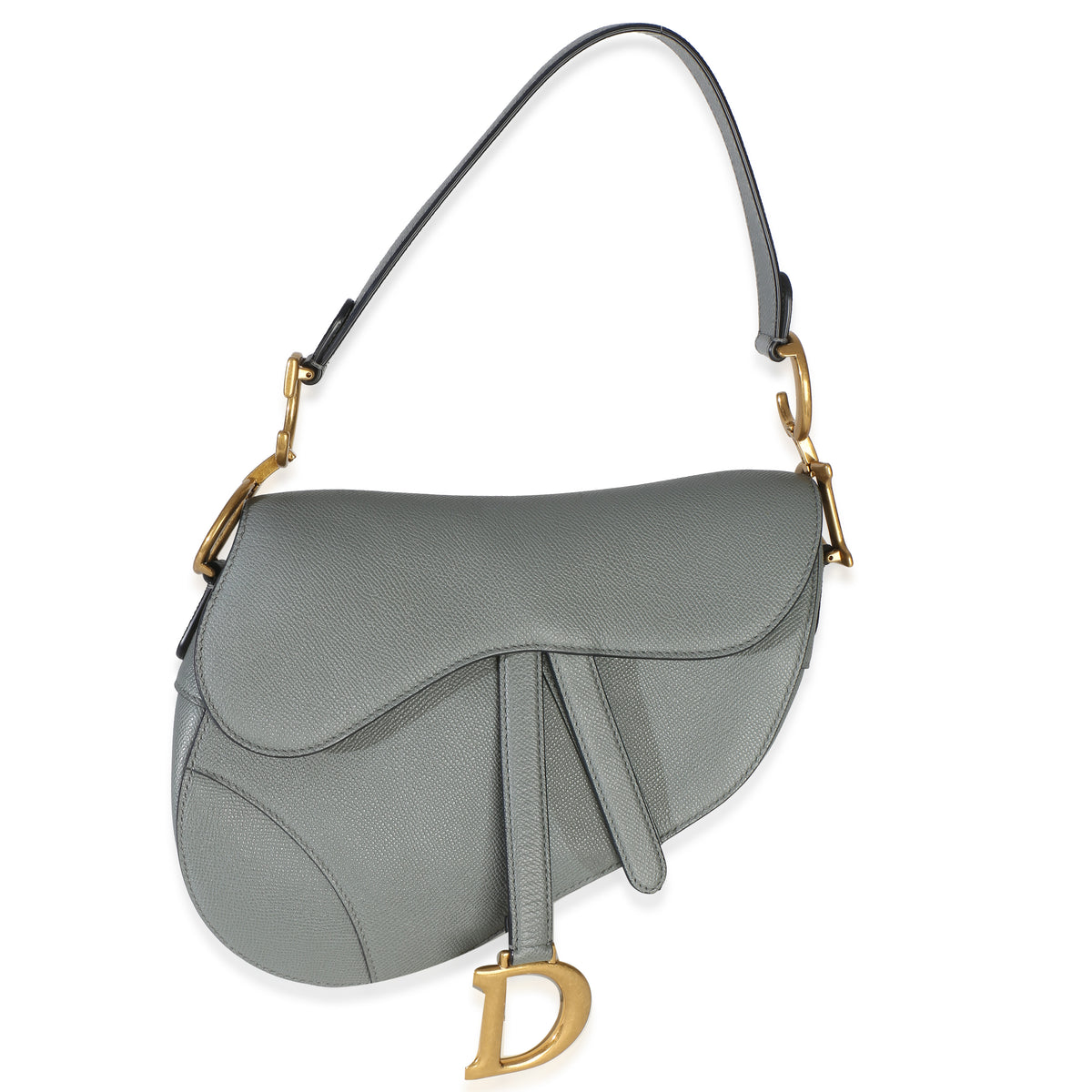 Christian Dior Blue Grey Grained Calfskin Medium Saddle Bag Blue; Gray Leather