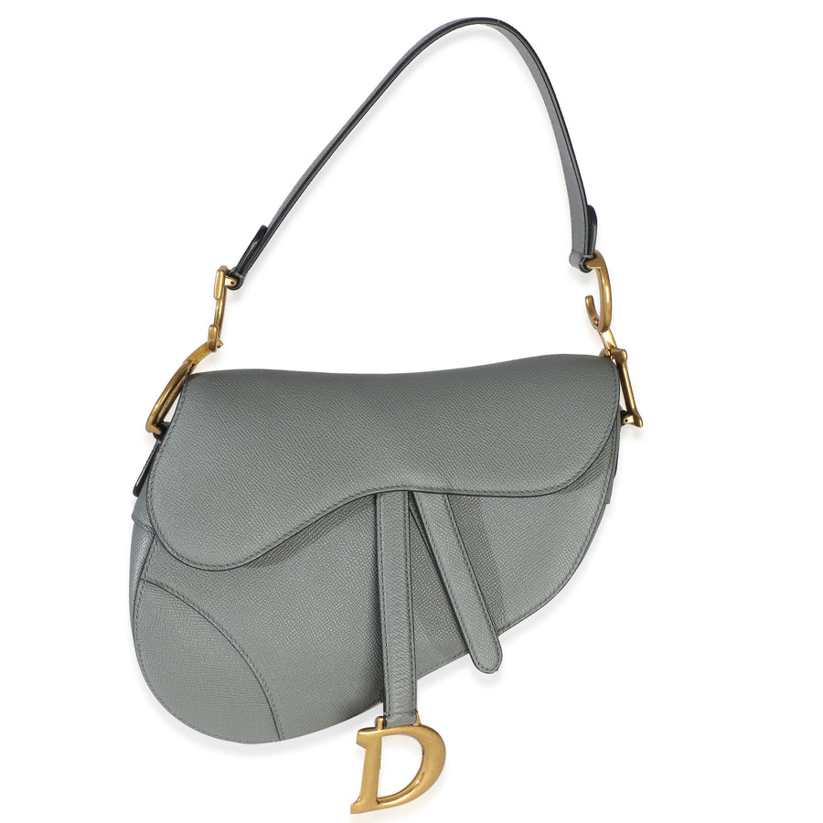 Christian Dior Blue Grey Grained Calfskin Medium Saddle Bag Blue; Gray Leather