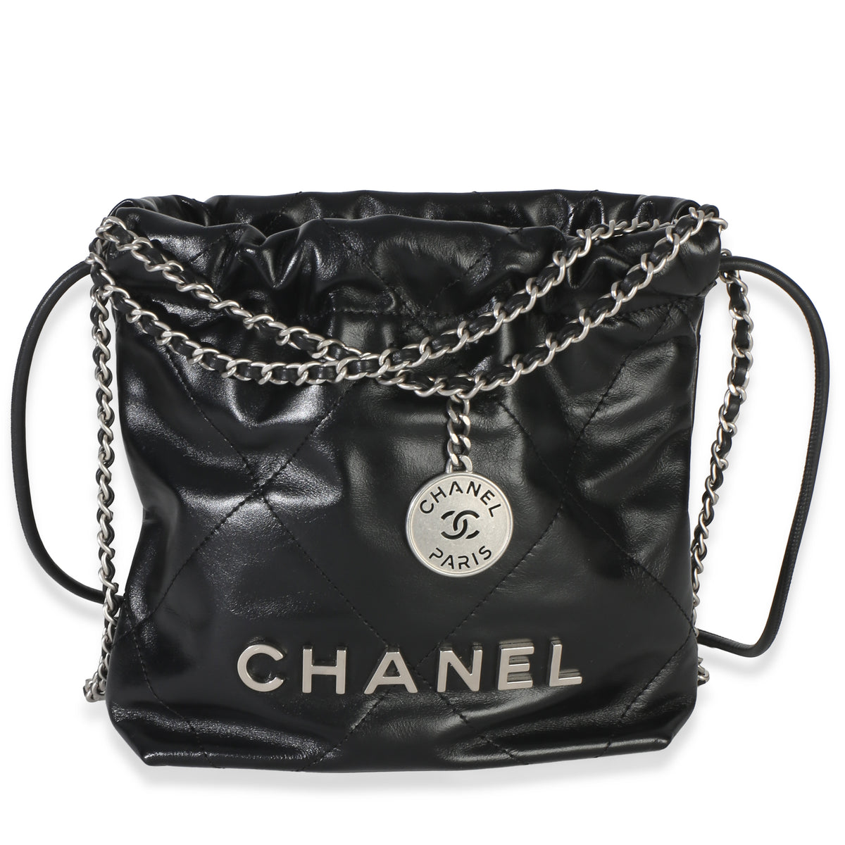 Chanel Black Quilted Calfskin 22 Mini Hobo Leather