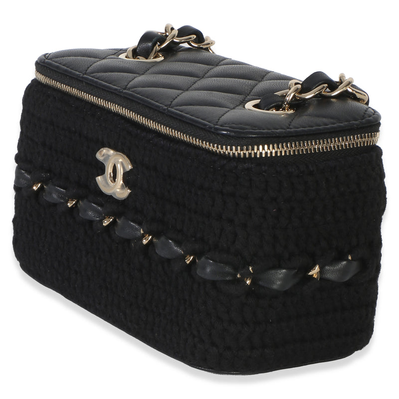 Chanel Black Quilted Lambskin Crochet Small Vanity Case With Chain Fabric Bag