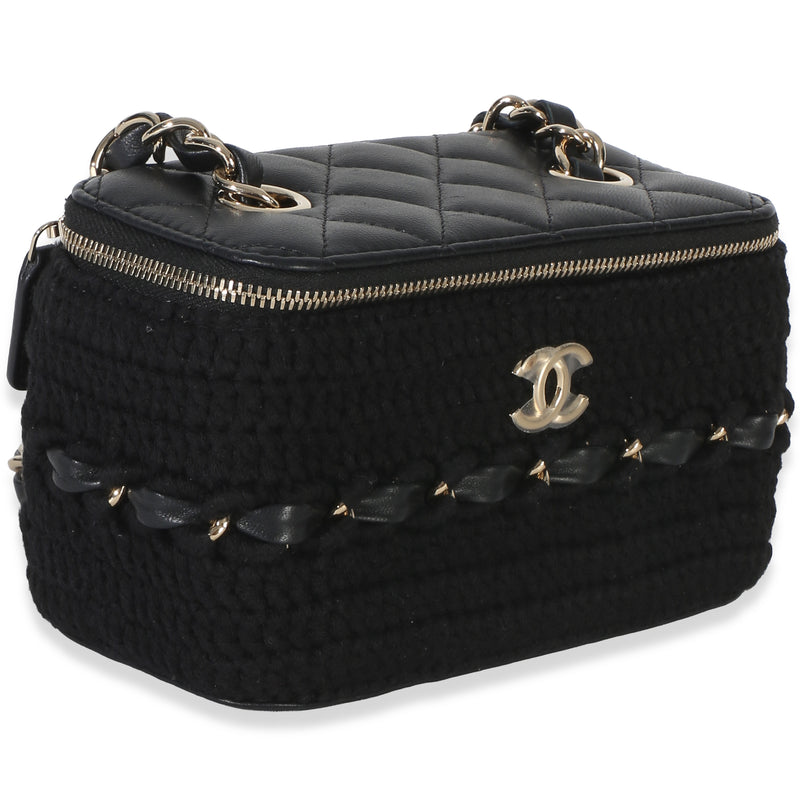 Chanel Black Quilted Lambskin Crochet Small Vanity Case With Chain Fabric Bag