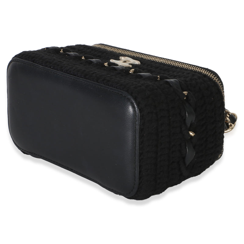 Chanel Black Quilted Lambskin Crochet Small Vanity Case With Chain Fabric Bag