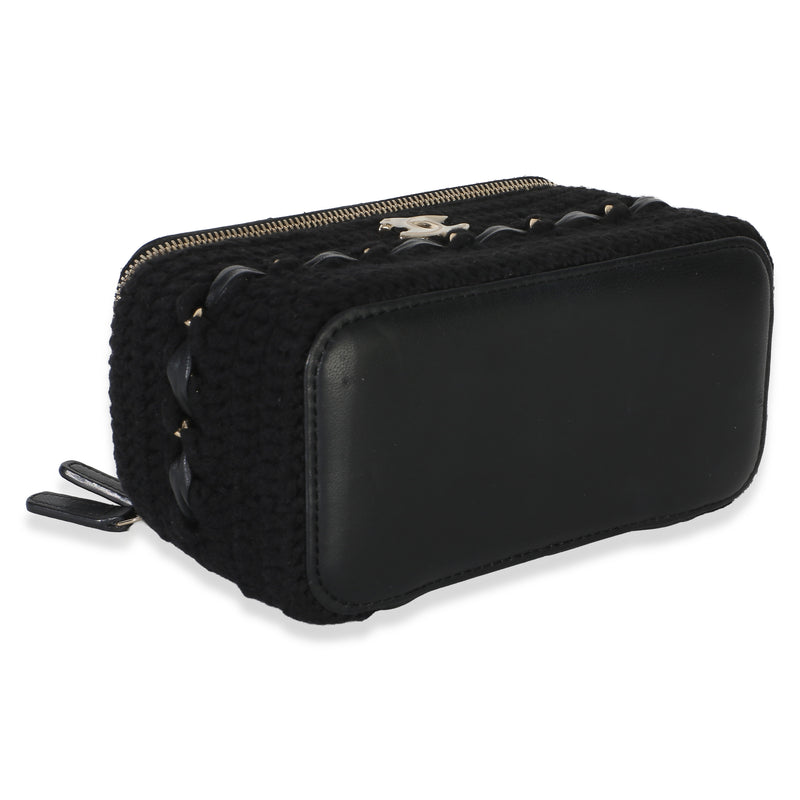 Chanel Black Quilted Lambskin Crochet Small Vanity Case With Chain Fabric Bag