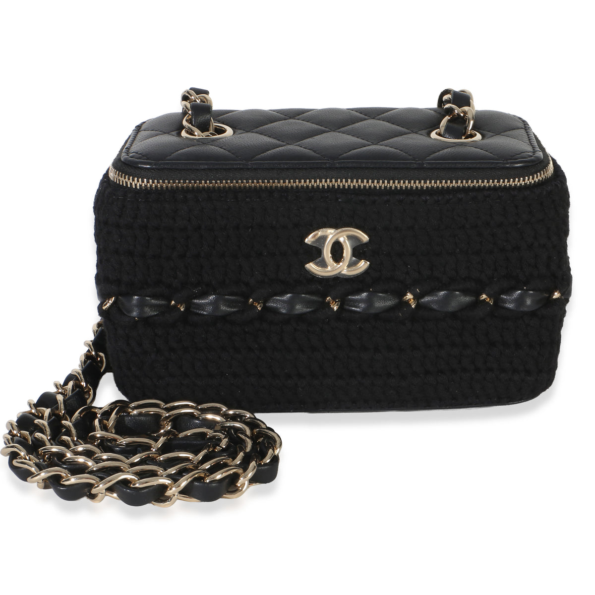 Chanel Black Quilted Lambskin Crochet Small Vanity Case With Chain Fabric Bag