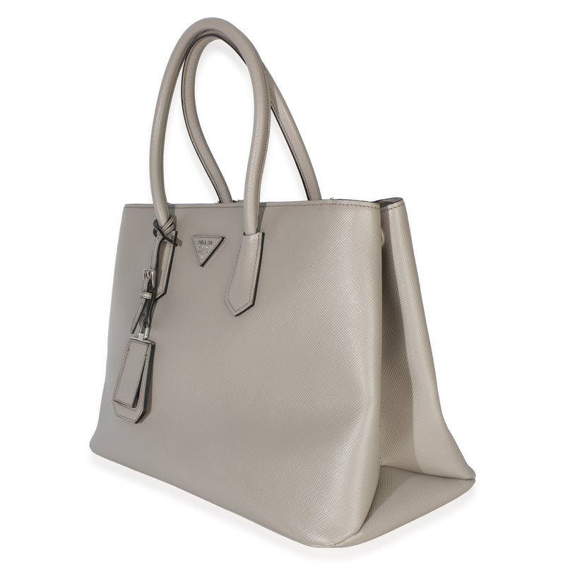 Prada Light Grey Saffiano Cuir Large Turnlock Twin Tote Gray Leather