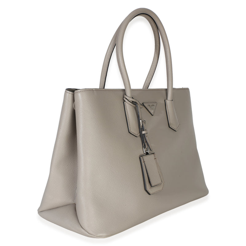 Prada Light Grey Saffiano Cuir Large Turnlock Twin Tote Gray Leather