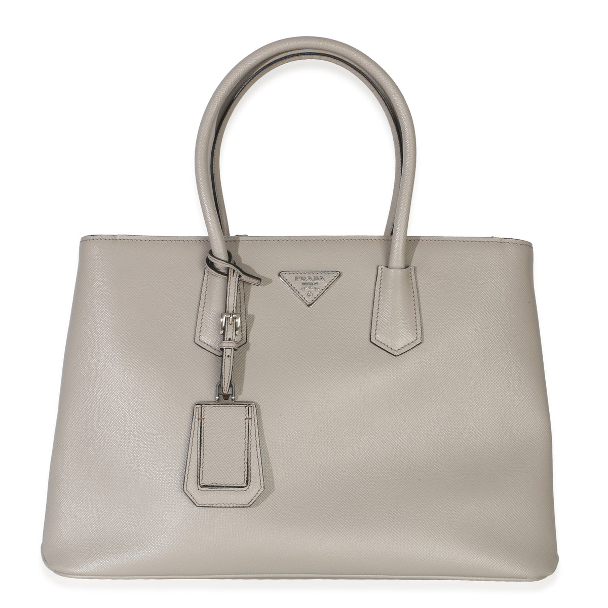 Prada Light Grey Saffiano Cuir Large Turnlock Twin Tote Gray Leather