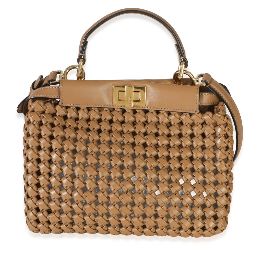 Fendi Cappuccino Woven Calfskin Mini Peekaboo Iconic Satchel Tan Leather