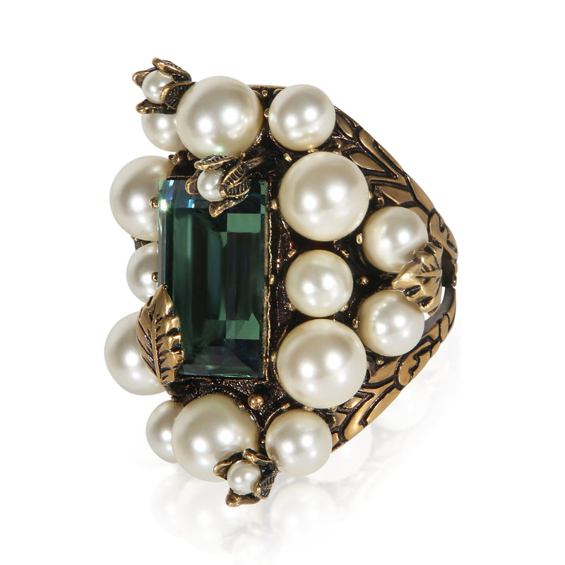Gucci Gold-Plated Crystal & Faux Pearl Ring
