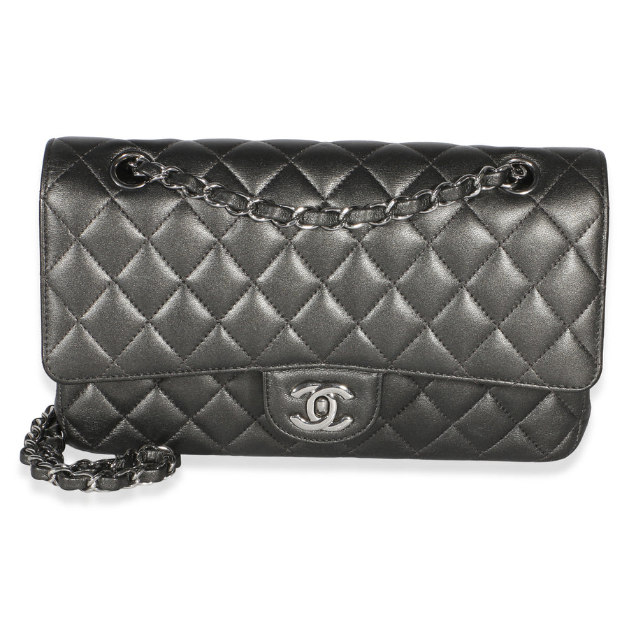 Chanel Metallic Grey Quilted Lambskin Medium Classic Double Flap Bag Leather