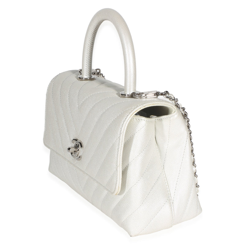 Chanel Silver Chevron Caviar Mini Coco Top Handle Bag Leather