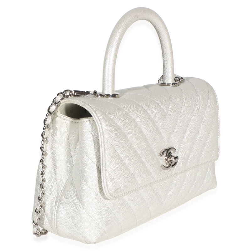 Chanel Silver Chevron Caviar Mini Coco Top Handle Bag Leather