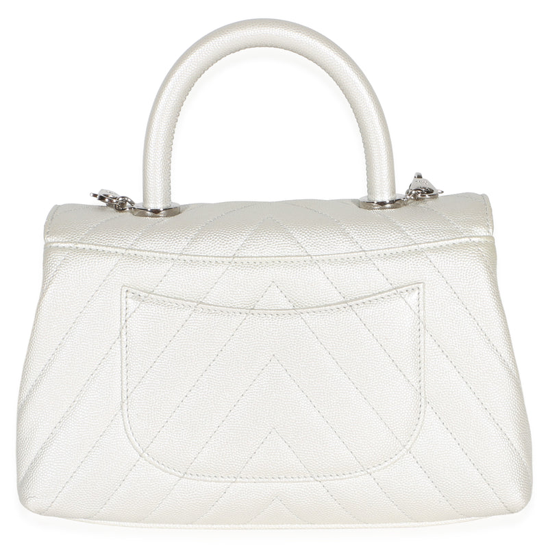 Chanel Silver Chevron Caviar Mini Coco Top Handle Bag Leather