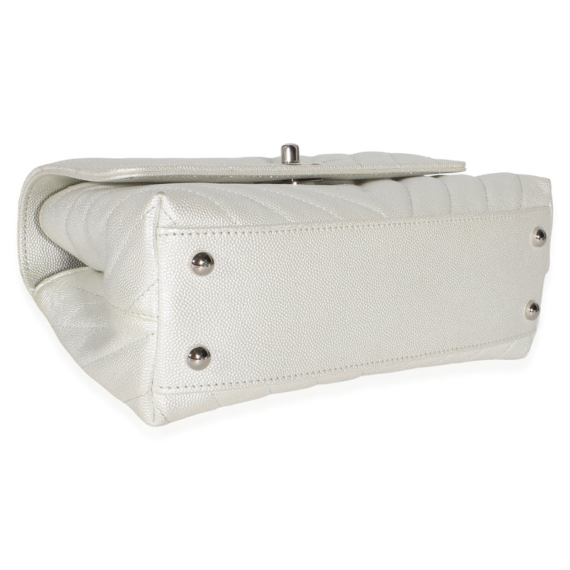 Chanel Silver Chevron Caviar Mini Coco Top Handle Bag Leather