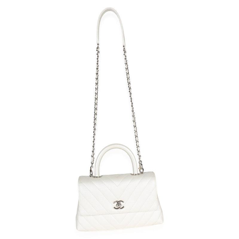Chanel Silver Chevron Caviar Mini Coco Top Handle Bag Leather
