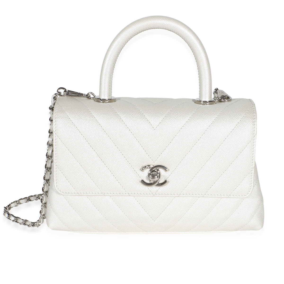 Chanel Silver Chevron Caviar Mini Coco Top Handle Bag Leather