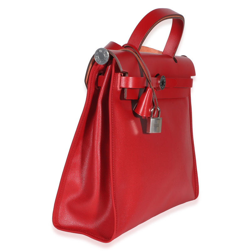 Hermès Rouge Piment Vache Hunter Berline Herbag Zip 31 Pm Phw Red Canvas; Leather Bag