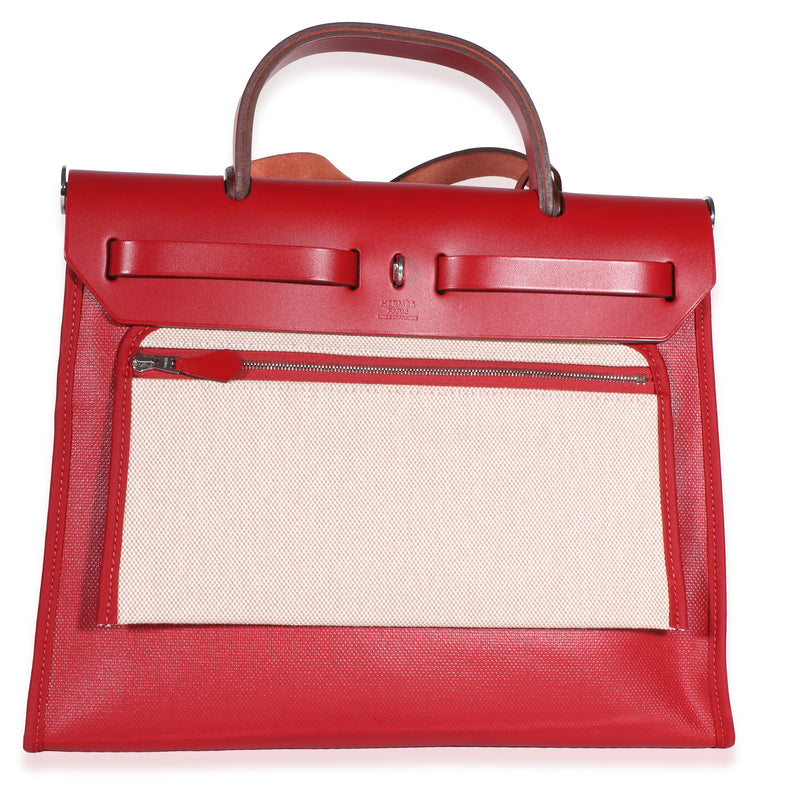 Hermès Rouge Piment Vache Hunter Berline Herbag Zip 31 Pm Phw Red Canvas; Leather Bag