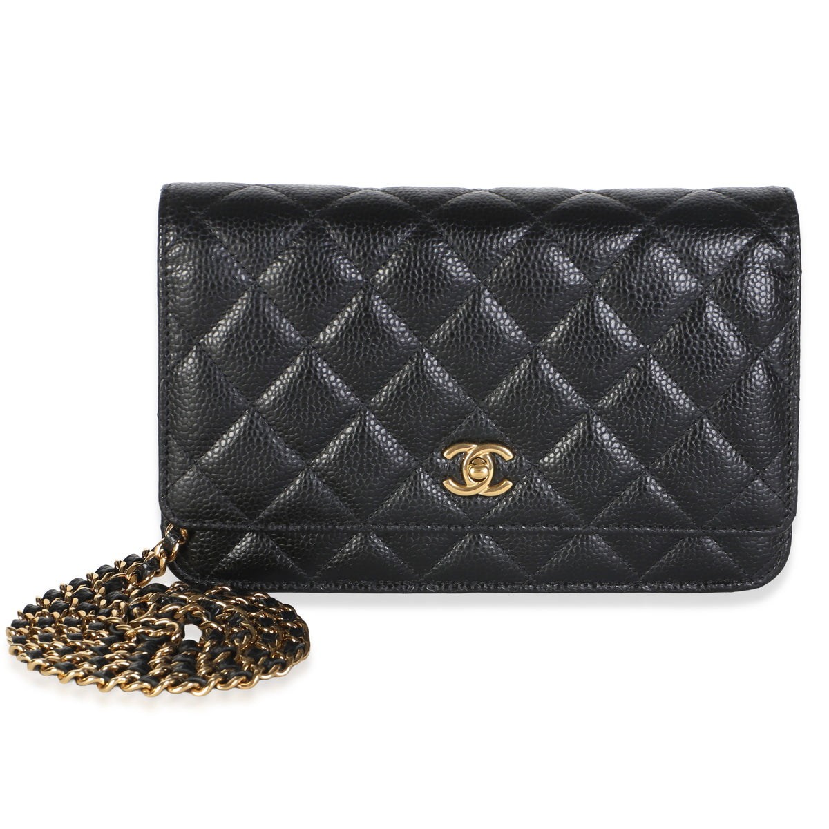 Chanel Black Quilted Caviar Cc Wallet On Chain Leather Bag