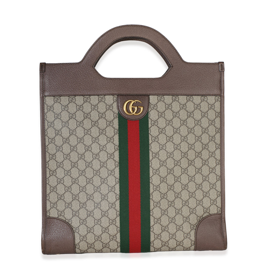 Gucci Beige Gg Supreme Canvas Textured Calfskin Web Medium Ophidia Slip Handle T Bag