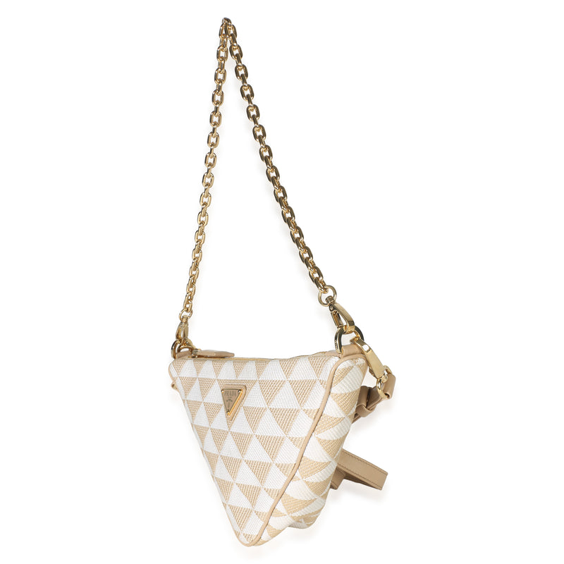 Prada Corda Talco Jacquard Triangolo Symbole Embroidered Canvas Triangle Bag Beige Fabric