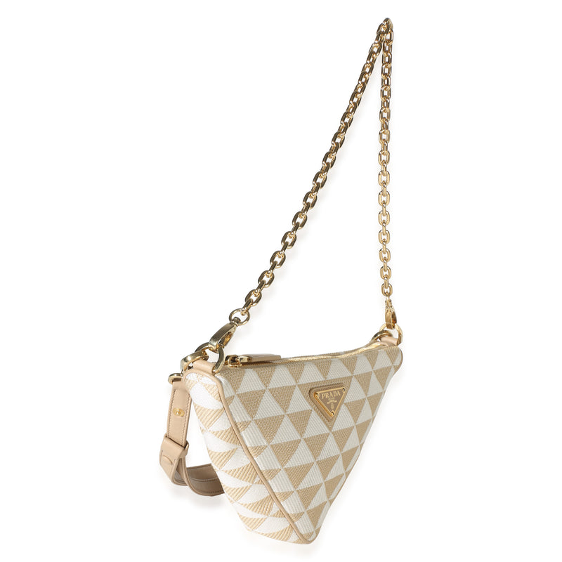 Prada Corda Talco Jacquard Triangolo Symbole Embroidered Canvas Triangle Bag Beige Fabric
