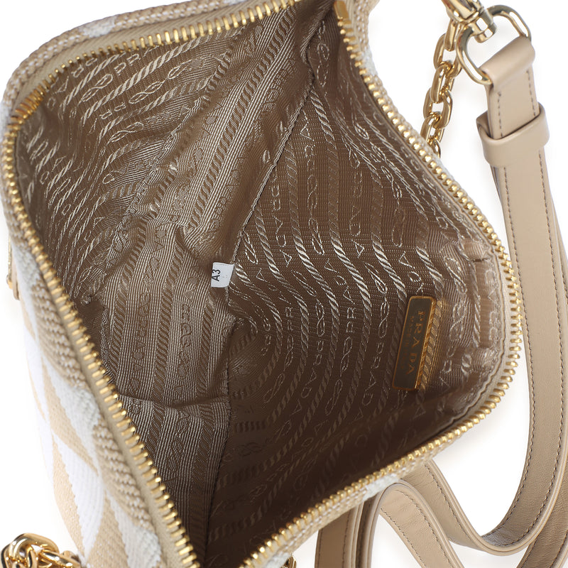 Prada Corda Talco Jacquard Triangolo Symbole Embroidered Canvas Triangle Bag Beige Fabric