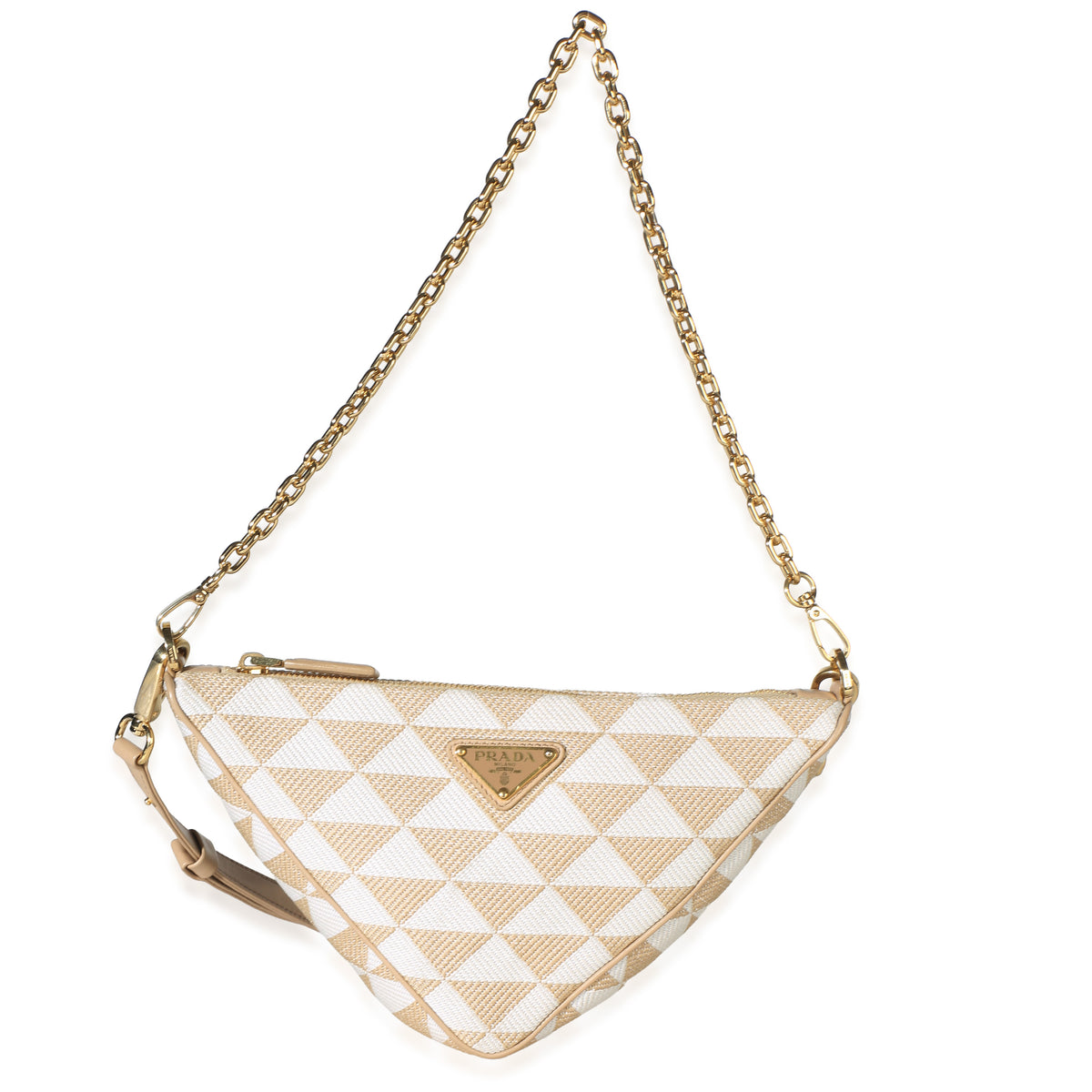 Prada Corda Talco Jacquard Triangolo Symbole Embroidered Canvas Triangle Bag Beige Fabric