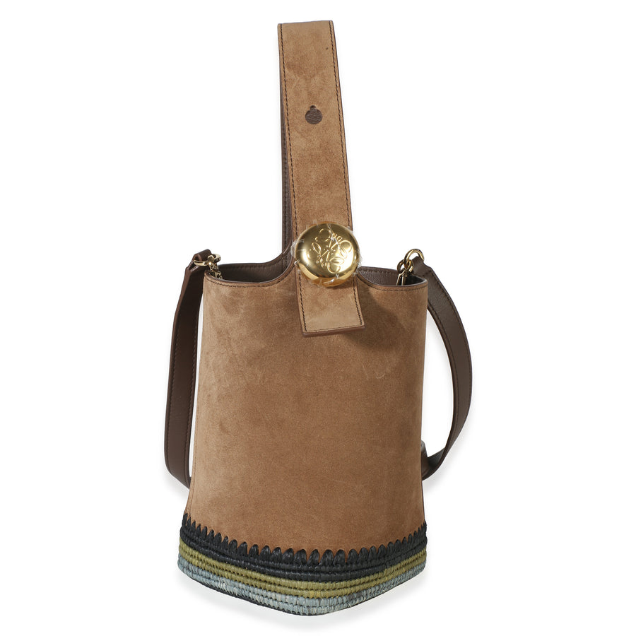 Loewe Brown Suede Raffia Striped Mini Pebble Bucket Bag