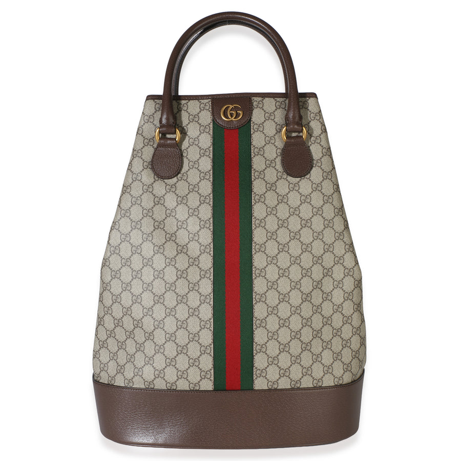 Gucci Beige Gg Supreme Canvas Textured Dollar Calfskin Web Savoy Top Handle Duff Beige; Brown Bag
