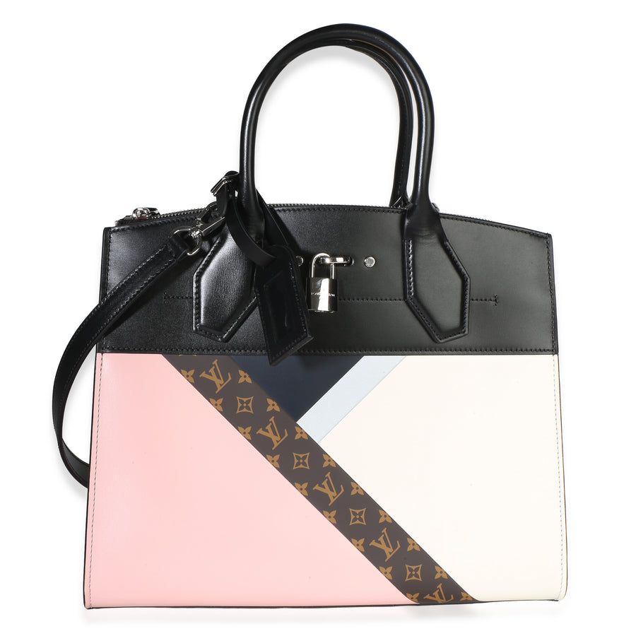 Louis Vuitton Rose White Navy Calfskin Monogram Tape City Steamer Mm Leather Bag