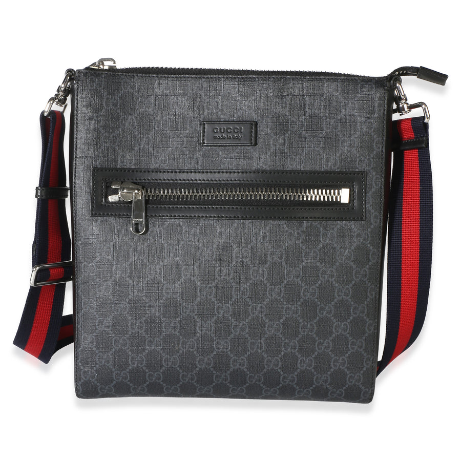 Gucci Black Gg Supreme Canvas Web Flat Messenger Bag Blue