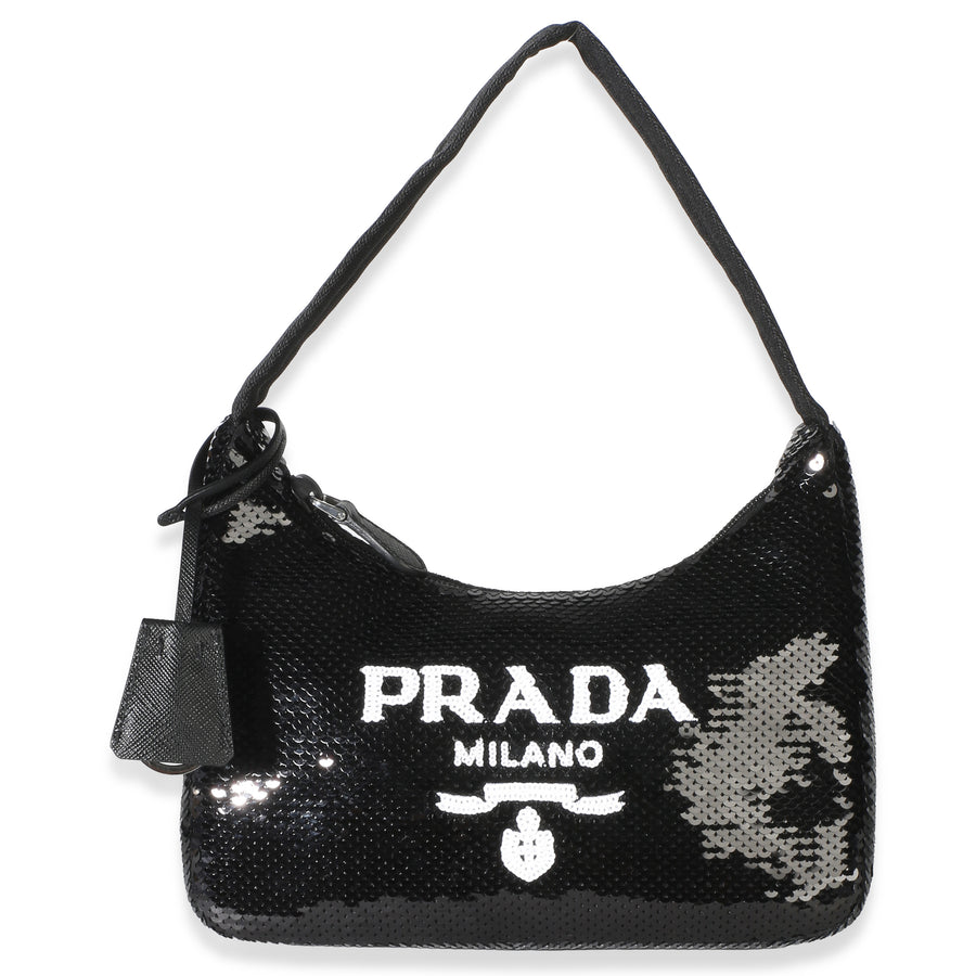 Prada Black White Paillettes Sequin Mini Re-Edition 2000 Bag Embellished