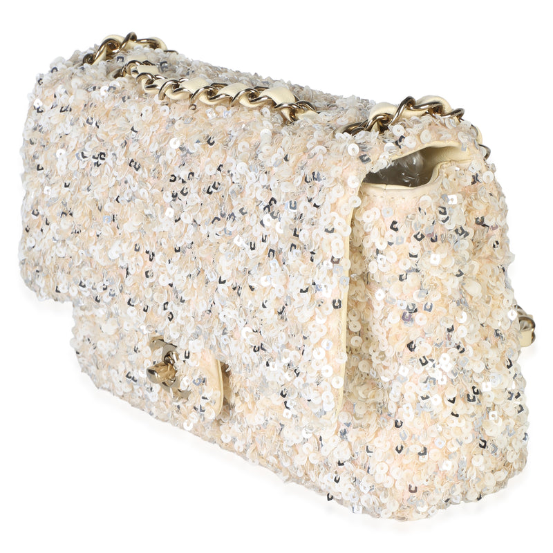 Chanel Cream Silver Sequin Small Single Flap Bag Neutral Embellished