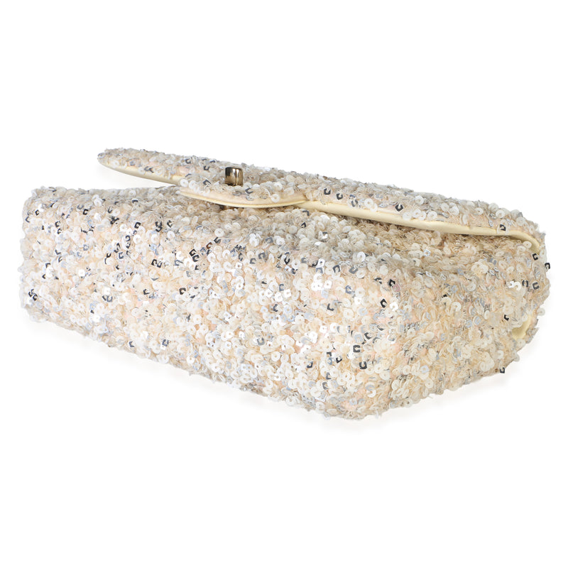 Chanel Cream Silver Sequin Small Single Flap Bag Neutral Embellished
